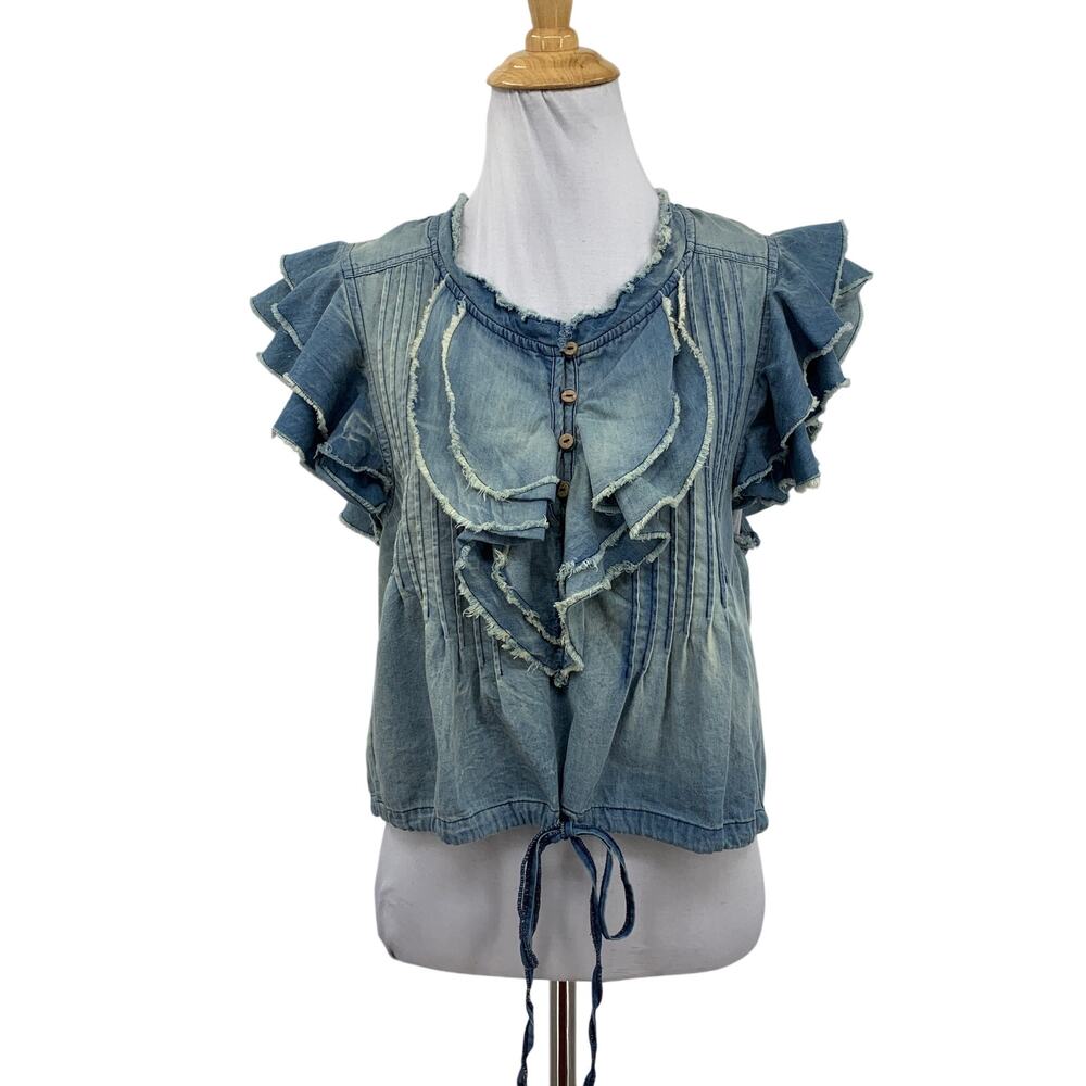 FP One Free People Top Women XS Chambray Naya Raw Trim Bib Ruffle Boho Western
